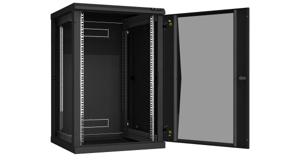 Настенный разборный шкаф NIKOMAX 19", 18U, стеклянная дверь, Ш600хВ904хГ600мм, 2 пары монтажных направляющих, черный