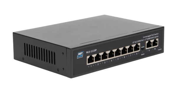 Коммутатор NETLAN, неуправляемый, 8*10/100Мбит/с PoE (af/at), 2*100Мбит/с RJ45, DC 52V/2.3A, PoE бюджет 120W