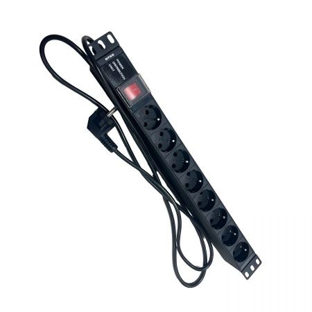 Блок розеток NTSS, 19", 1U, алюминий, 1ф16A, 3.7кВт, (8) Schuko CEE 7/7, выкл. с подсв.и крыш., 1.8м каб., вил. Schuko