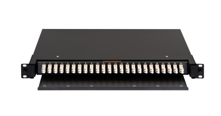 Оптический кросс NIKOMAX 19" Premium Line, 1U, укомплектованный на 48 портов LC/UPC (24 двойных LC/UPC адаптеров), MM 50/125 OM2, выдвижной, с полкой,  черный, в комплекте: адаптеры, монтажные шнуры 1м, сплайс-кассета с крышкой, гильзы