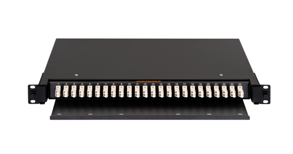 Оптический кросс NIKOMAX 19" Premium Line, 1U, укомплектованный на 48 портов LC/UPC (24 двойных LC/UPC адаптеров), MM 50/125 OM2, выдвижной, с полкой,  черный, в комплекте: адаптеры, монтажные шнуры 1м, сплайс-кассета с крышкой, гильзы