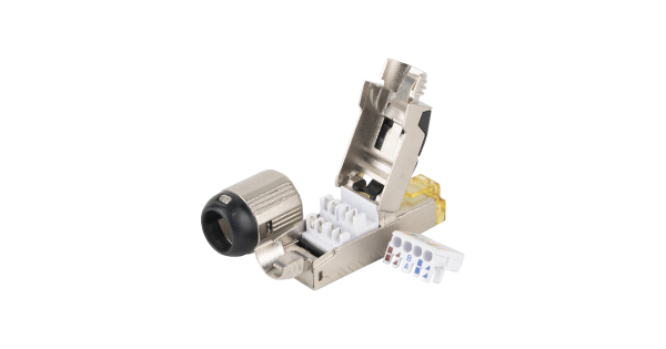 Полевой коннектор RJ45/8P8C NIKOMAX серии Premium, Кат.8 (Класс I), 2000МГц, покрытие 50мкд, универсальные ножи, T568B, самозажимной, компактный, полный экран, металлик 