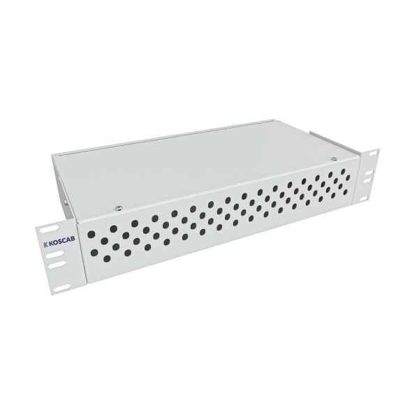 Кросс KOSCAB оптический 19'' укомплектованный 2U, 64 порта ST/UPC, 50/125 мкм (сплошная панель, сплайс-кассета 2шт, пигтейлы, КДЗС, адаптеры) серый RA