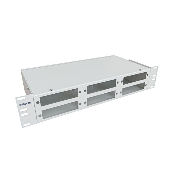 Кросс KOSCAB оптический 19'' укомплектованный 2U, 48 портов ST/UPC, 50/125 мкм ОМ3 (планки, сплайс-кассета 2шт, пигтейлы, КДЗС, адаптеры) серый RAL 70