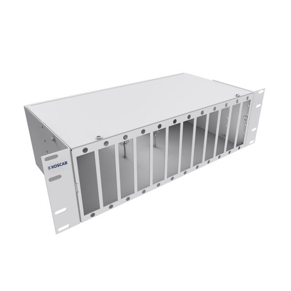 Кросс KOSCAB оптический 19'' укомплектованный 3U, 64 порта LC/UPC duplex, 9/125 мкм (планки, сплайс-кассета 4шт, пигтейлы, КДЗС, адаптеры) серый RAL 7