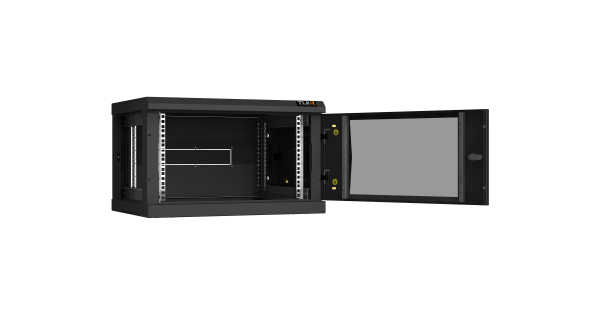 Настенный разборный шкаф NIKOMAX 19", 6U, стеклянная дверь, Ш600хВ370хГ450мм, 2 пары монтажных направляющих, черный