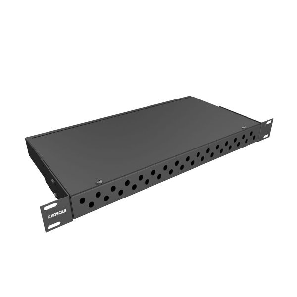Кросс KOSCAB оптический 19'' укомплектованный 1U, 32 порта FC/APC, 9/125 мкм (сплошная панель, сплайс-кассета, пигтейлы, КДЗС, адаптеры) черный RAL 90