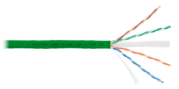 Кабель NIKOMAX U/UTP 4 пары, Кат.6 (Класс E), тест по ISO/IEC, 250МГц, одножильный, BC (чистая медь), 23AWG (0,55мм), полимерный материал нг(А)-HF, внутренний, зеленый, 305м - гарантия: 5 лет / 15 лет системная
