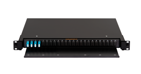 Оптический кросс NIKOMAX 19" Premium Line, 1U, укомплектованный на 8 портов LC/UPC (4 двойных LC/UPC адаптера), SM 9/125 OS2, выдвижной, с полкой,  черный, в комплекте: адаптеры, монтажные шнуры 1м, сплайс-кассета с крышкой, гильзы, заглушки