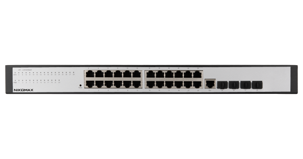 Управляемый коммутатор L2 NIKOMAX 24 Base-T 10/100/1000Mb/s портов, 4 SFP 1000Mb/s, 1 Console. 1U 19'', 220V