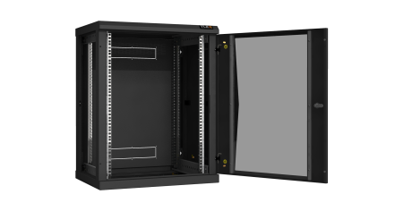Настенный разборный шкаф NIKOMAX 19", 15U, стеклянная дверь, Ш600хВ770хГ450мм, 2 пары монтажных направляющих, черный