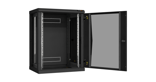 Настенный разборный шкаф NIKOMAX 19", 15U, стеклянная дверь, Ш600хВ770хГ450мм, 2 пары монтажных направляющих, черный