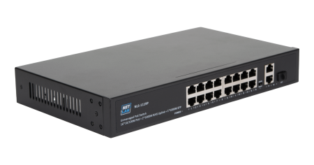 Коммутатор NETLAN, неуправляемый, 16*10/100Мбит/с PoE (af/at), 2*10/100/1000Мбит/с RJ45, 1*100/1000Мбит/с SFP, DC52V/4.8A, PoE бюджет 250W