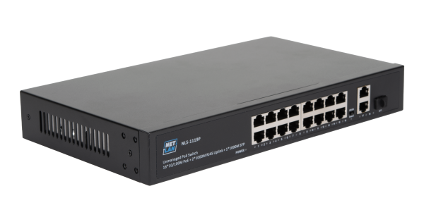 Коммутатор NETLAN, неуправляемый, 16*10/100Мбит/с PoE (af/at), 2*10/100/1000Мбит/с RJ45, 1*100/1000Мбит/с SFP, DC52V/4.8A, PoE бюджет 250W