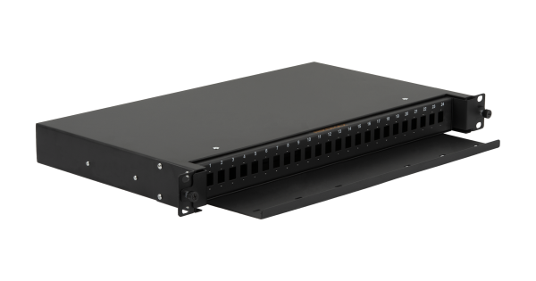 Оптический кросс NIKOMAX 19" Premium Line, 1U, укомплектованный на 24 порта LC/UPC (12 двойных LC/UPC адаптеров), SM 9/125 OS2, выдвижной, с полкой,  черный, в комплекте: адаптеры, монтажные шнуры 1м, сплайс-кассета с крышкой, гильзы, заглушки