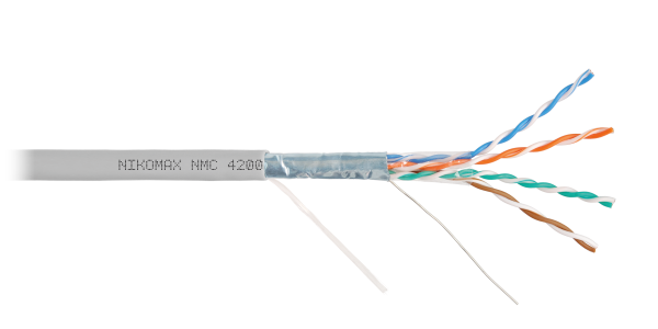 Кабель NIKOMAX F/UTP 4 пары, Кат.5e (Класс D), тест по ISO/IEC, 100МГц, одножильный, BC (чистая медь), 24AWG (0,51мм), поливинилхлорид, внутренний, серый, 305м - гарантия: 5 лет / 15 лет системная
