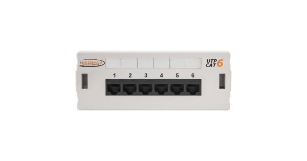 Коммутационная панель NIKOMAX настенная, 6 портов, Кат.6 (Класс E), 250МГц, RJ45/8P8C, 110, T568A/B, неэкранированная, светло-серая - гарантия: 5 лет расширенная / 25 лет системная