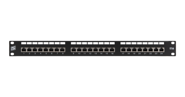 Коммутационная панель NETLAN 19", 1U, 24 порта, Кат.6 (Класс E), 250МГц, RJ45/8P8C, 110/KRONE, T568A/B, экранированная, черная