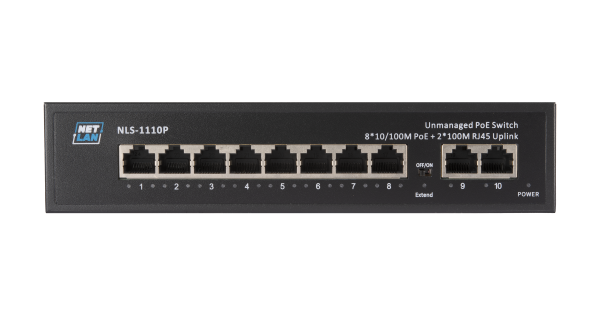 Коммутатор NETLAN, неуправляемый, 8*10/100Мбит/с PoE (af/at), 2*100Мбит/с RJ45, DC 52V/2.3A, PoE бюджет 120W