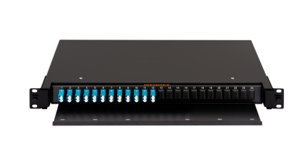 Оптический кросс NIKOMAX 19" Premium Line, 1U, укомплектованный на 24 порта LC/UPC (12 двойных LC/UPC адаптеров), SM 9/125 OS2, выдвижной, с полкой,  черный, в комплекте: адаптеры, монтажные шнуры 1м, сплайс-кассета с крышкой, гильзы, заглушки