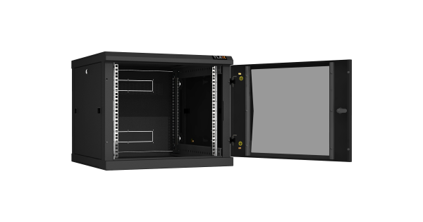 Настенный разборный шкаф NIKOMAX 19", 9U, стеклянная дверь, Ш600хВ503хГ600мм, 2 пары монтажных направляющих, черный