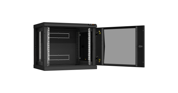 Настенный разборный шкаф NIKOMAX 19", 9U, стеклянная дверь, Ш600хВ503хГ450мм, 2 пары монтажных направляющих, черный