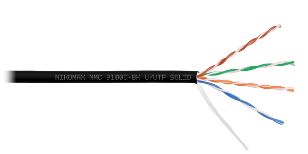 Кабель NIKOMAX U/UTP 4 пары, Кат.5e (Класс D), тест по ISO/IEC, 100МГц, одножильный, BC (чистая медь), 24AWG (0,52мм), полимерный материал нг(А)-HF, внутренний/внешний, черный, 305м - гарантия: 15 лет / 25 лет системная