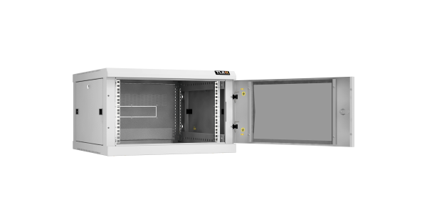 Настенный разборный шкаф NIKOMAX 19", 6U, стеклянная дверь, Ш600хВ370хГ600мм, 2 пары монтажных направляющих, серый