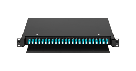 Оптический кросс NIKOMAX 19" Premium Line, 1U, укомплектованный на 48 портов LC/UPC (24 двойных LC/UPC адаптеров), MM 50/125 OM3, выдвижной, с полкой,  черный, в комплекте: адаптеры, монтажные шнуры 1м, сплайс-кассета с крышкой, гильзы