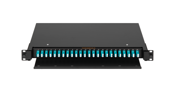 Оптический кросс NIKOMAX 19" Premium Line, 1U, укомплектованный на 48 портов LC/UPC (24 двойных LC/UPC адаптеров), MM 50/125 OM3, выдвижной, с полкой,  черный, в комплекте: адаптеры, монтажные шнуры 1м, сплайс-кассета с крышкой, гильзы