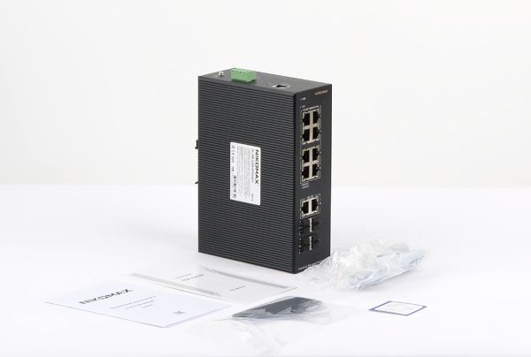 Управляемый промышленный L2 коммутатор NIKOMAX, 8*10/100/1000Мбит/с PoE (af/at), 2*10/100/1000Мбит/с PoE (BT), 2*1Гбит/с SFP, 2*2.5Гбит/с SFP, Крепление на DIN-рейку, 2*ввода питания, питание 12-55В (блок питания 420Вт поставляется отдельно), -40С +85С.