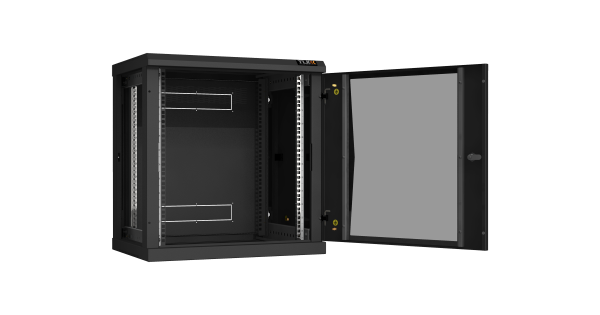 Настенный разборный шкаф NIKOMAX 19", 12U, стеклянная дверь, Ш600хВ636хГ450мм, 2 пары монтажных направляющих, черный