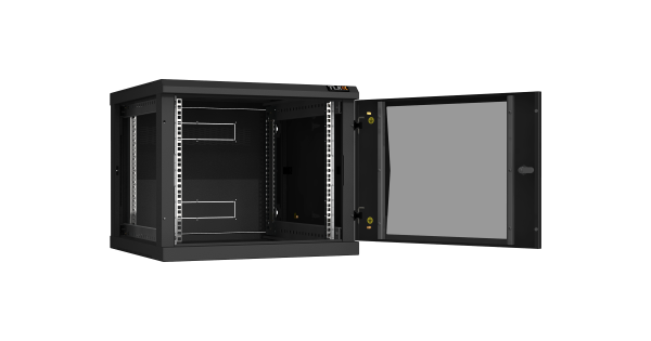 Настенный разборный шкаф NIKOMAX 19", 9U, стеклянная дверь, Ш600хВ503хГ600мм, 2 пары монтажных направляющих, черный