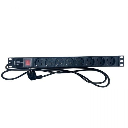 Блок розеток NTSS, 19", 1U, алюминий, 1ф16A, 3.7кВт, (8) Schuko CEE 7/7, выкл. с подсв.и крыш., 1.8м каб., вил. Schuko