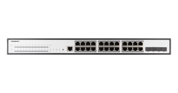 Управляемый коммутатор L3 Stack POE NIKOMAX 24 BASE-TX 10/100/1000Mb/s POE, 4 1/10G SFP+, 1 Console. 1U 19", 220V, 400W