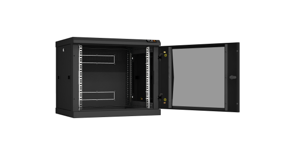 Настенный разборный шкаф NIKOMAX 19", 9U, стеклянная дверь, Ш600хВ503хГ450мм, 2 пары монтажных направляющих, черный