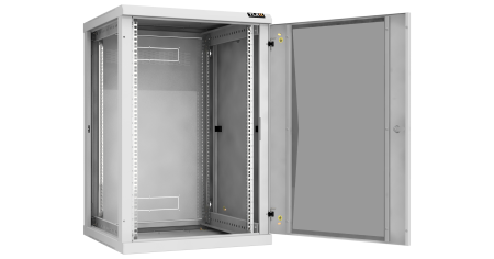 Настенный разборный шкаф NIKOMAX 19", 18U, стеклянная дверь, Ш600хВ904хГ600мм, 2 пары монтажных направляющих, серый